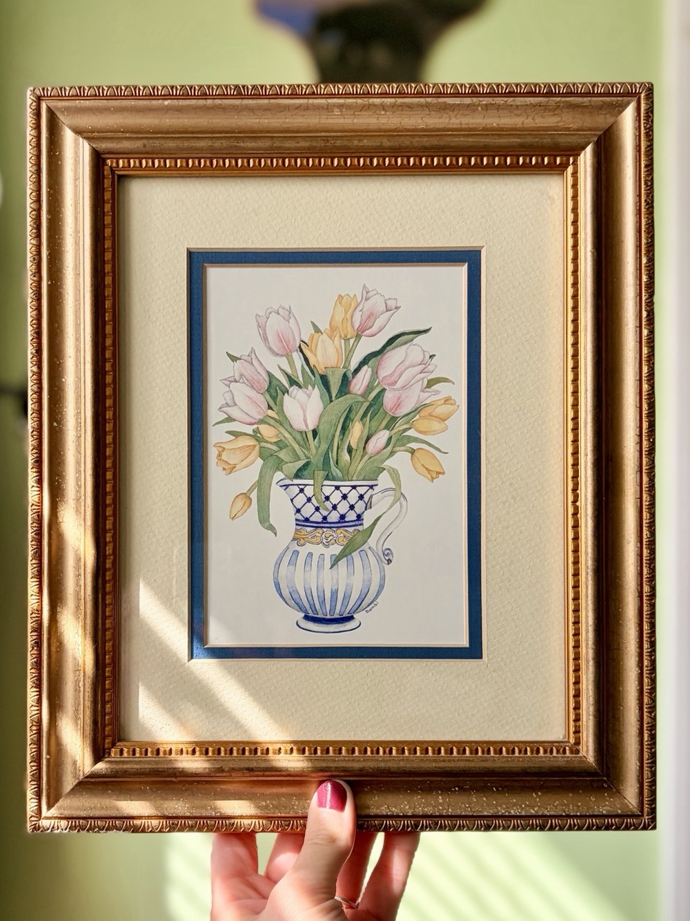 Golden Framed Tulip Colorful Florals in Blue Elegant Vase Print Wall Decor
